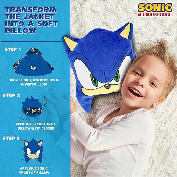 Jacket 24 M - Packable Pillow Fleece Sherpa Plush Zip Coat Hooded Sonic Hedgehog - Picture 3 of 8